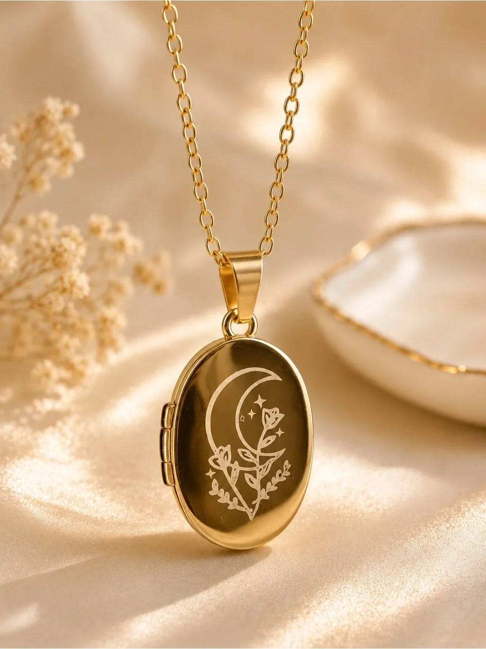 Gold Crescent Moon Photo frame medallion - Women Necklaces